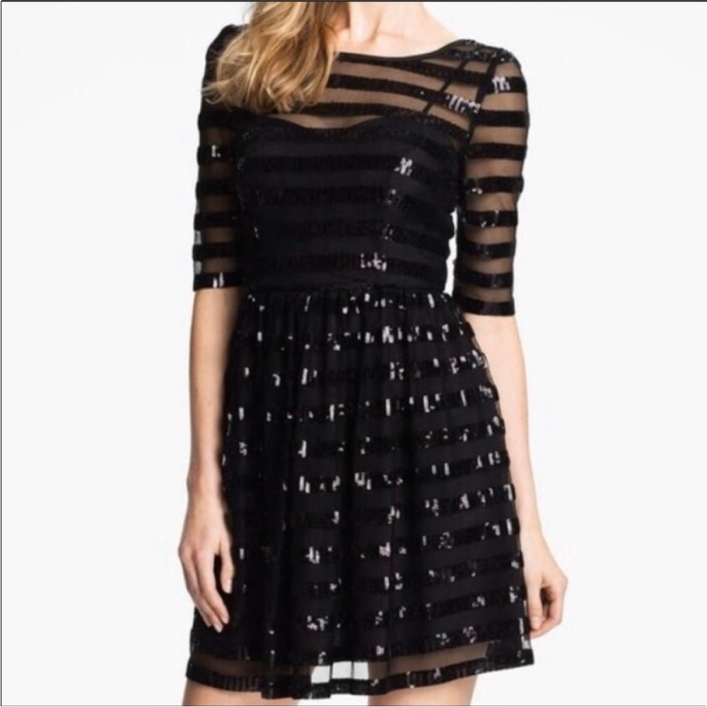 Max & Cleo Black Sequin Striped Mini Dress